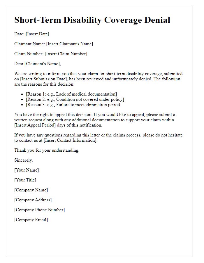 Letter template of short-term disability coverage denial explanation for claims.