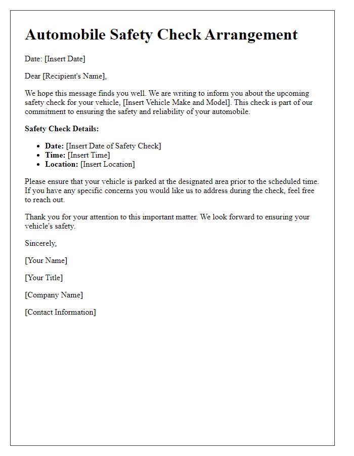 Letter template of automobile safety check arrangement