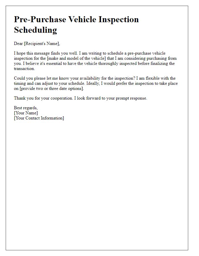 Letter template of pre-purchase vehicle inspection scheduling