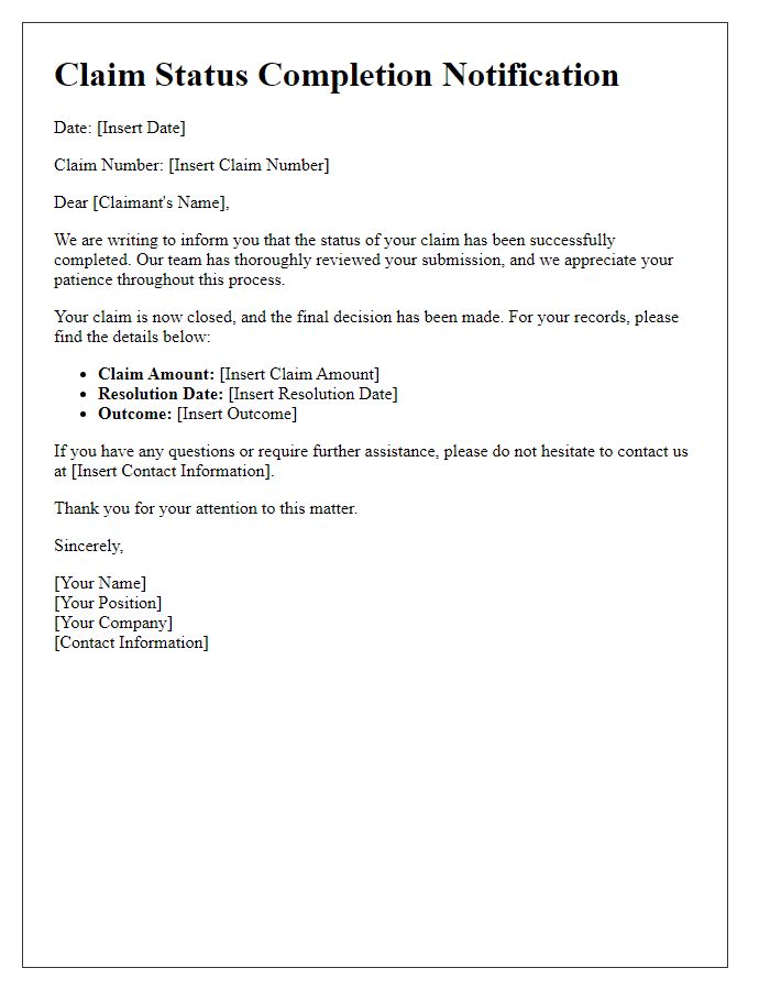Letter template of claim status completion notification