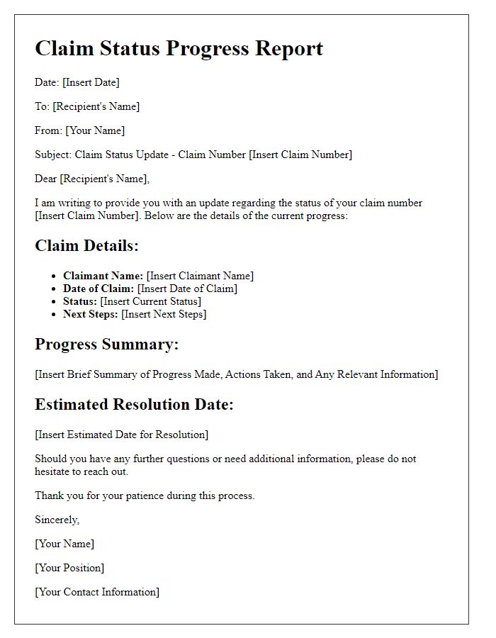 Letter template of claim status progress report