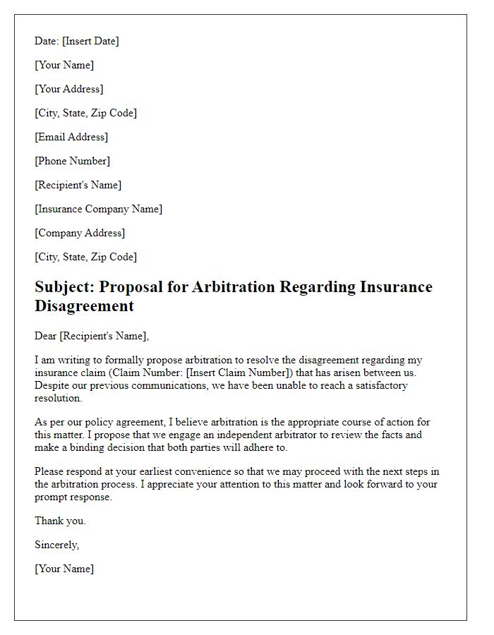 Letter template of insurance disagreement arbitration proposal.