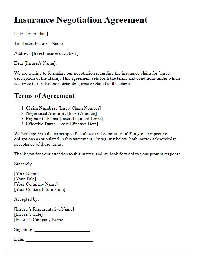 Letter template of insurance negotiation agreement.