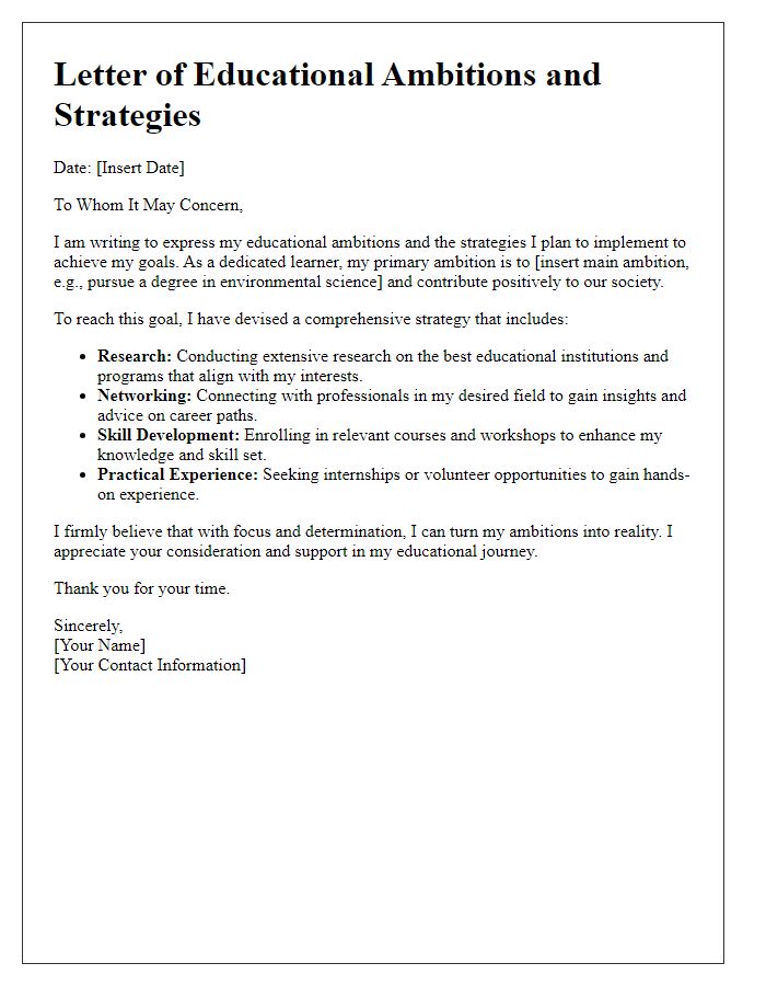 Letter template of educational ambitions and strategies.