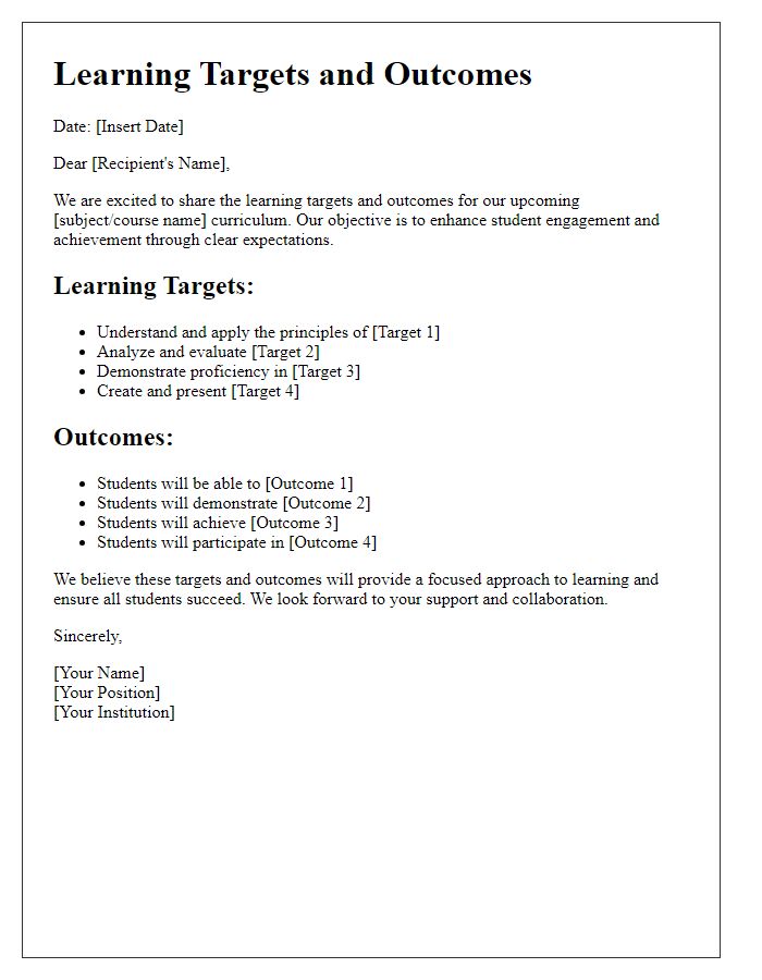 Letter template of learning targets and outcomes.