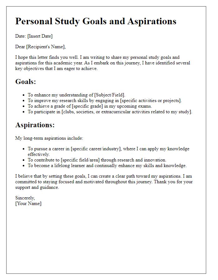 Letter template of personal study goals and aspirations.