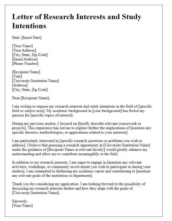 Letter template of research interests and study intentions.