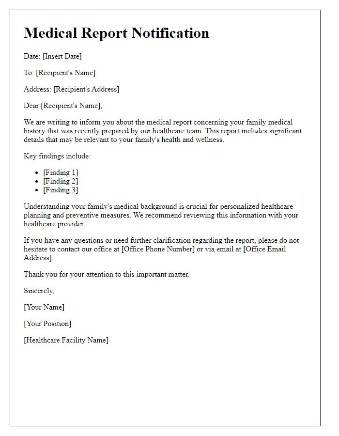 Letter template of medical report notification for family medical history