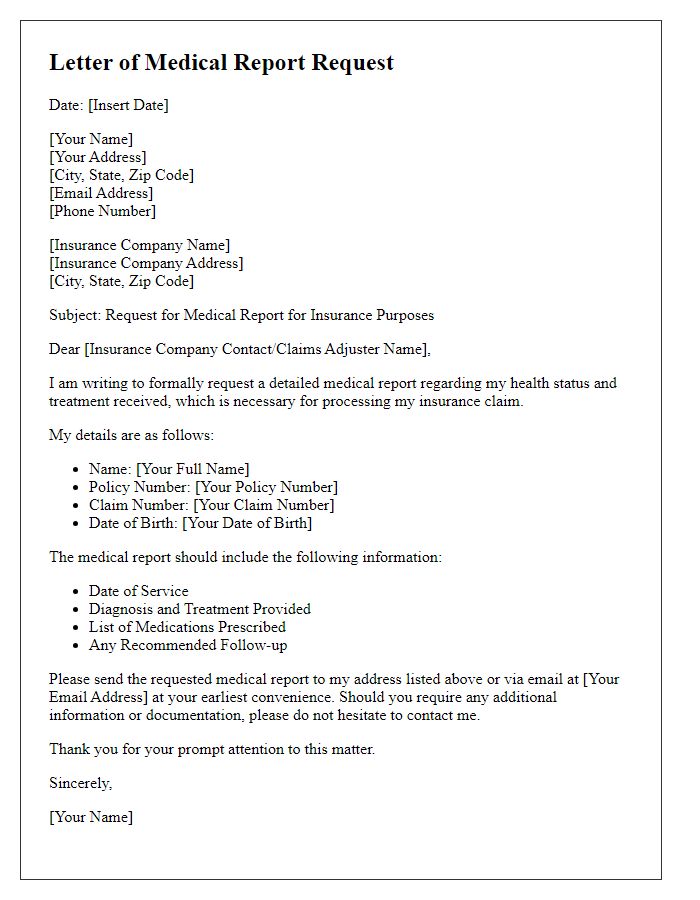 Letter template of medical report request for insurance purposes