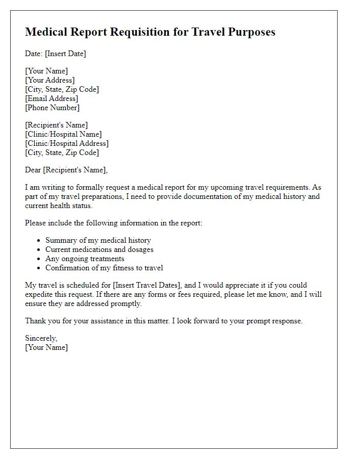 Letter template of medical report requisition for travel purposes