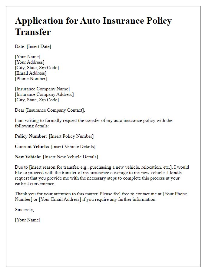 Letter template of application for auto insurance policy transfer