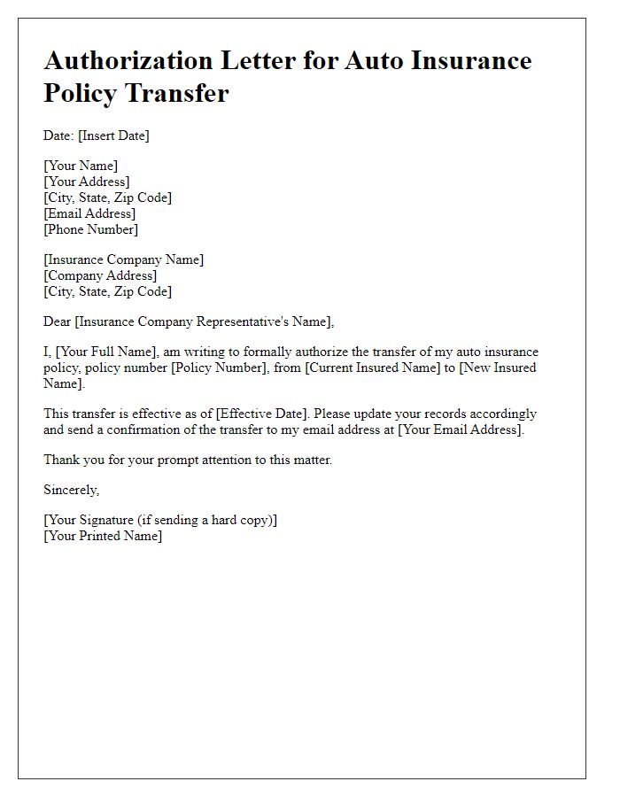 Letter template of authorization for auto insurance policy transfer