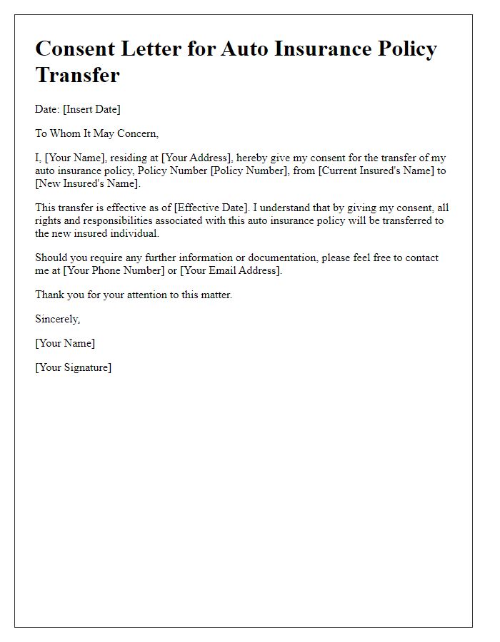 Letter template of consent for auto insurance policy transfer