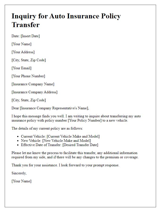 Letter template of inquiry for auto insurance policy transfer