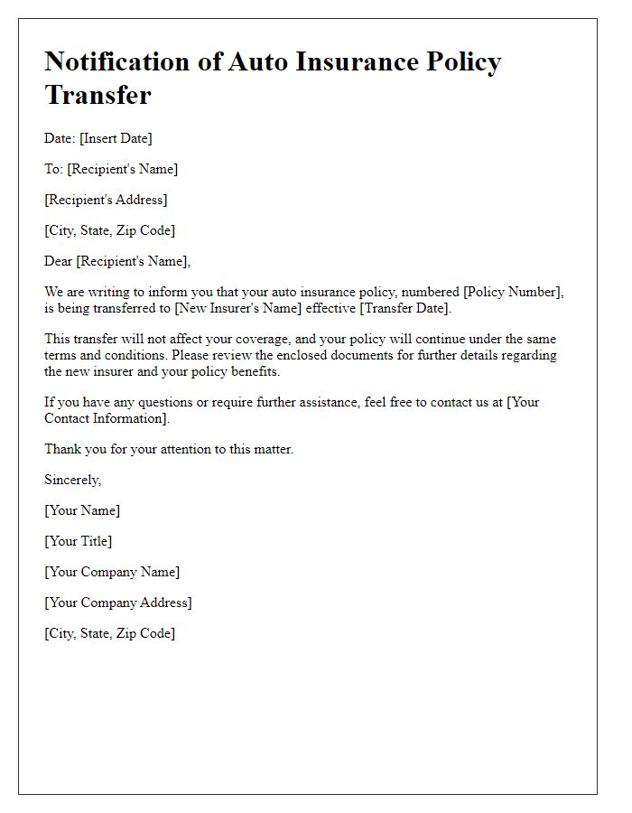 Letter template of notification for auto insurance policy transfer