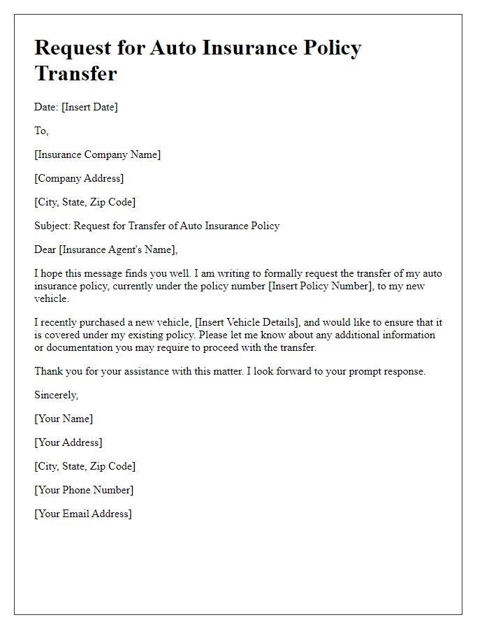 Letter template of request for auto insurance policy transfer