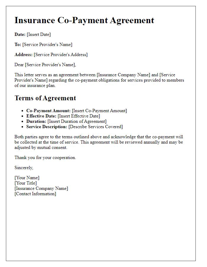 Letter template of insurance co-payment agreement for service providers.