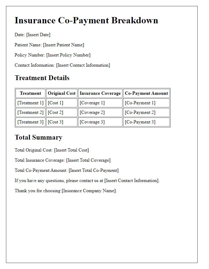 Letter template of insurance co-payment breakdown for specific treatments.