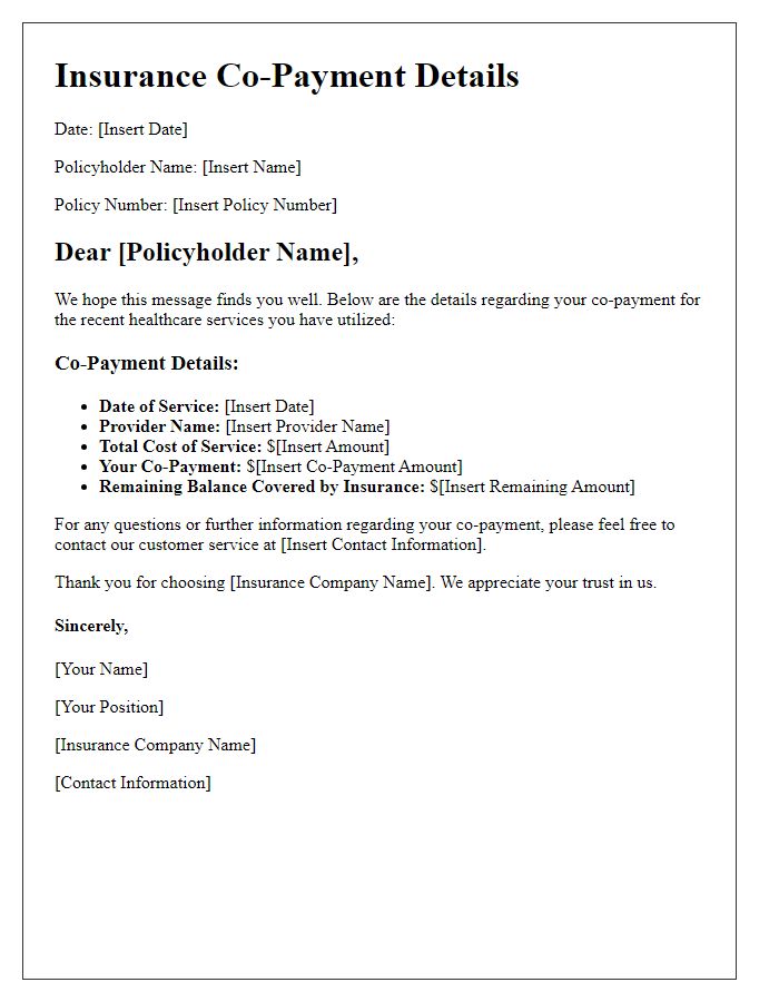 Letter template of insurance co-payment details for policyholders.