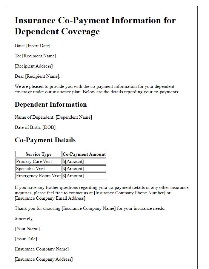 Letter template of insurance co-payment information for dependent coverage.