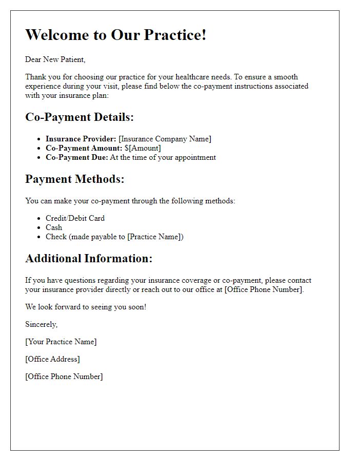 Letter template of insurance co-payment instructions for new patients.