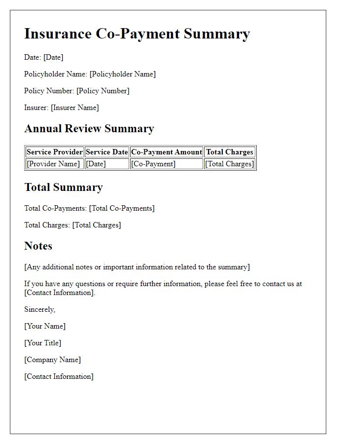 Letter template of insurance co-payment summary for annual review.