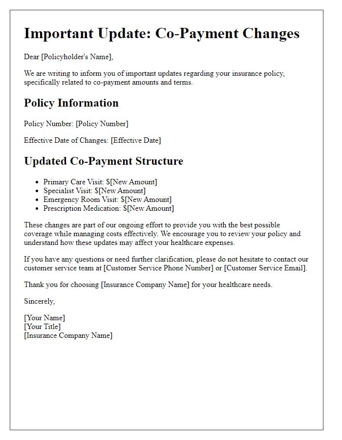 Letter template of insurance co-payment updates for policy modifications.