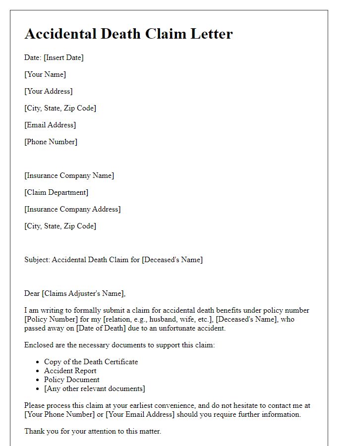 Letter template of accidental death claim documentation