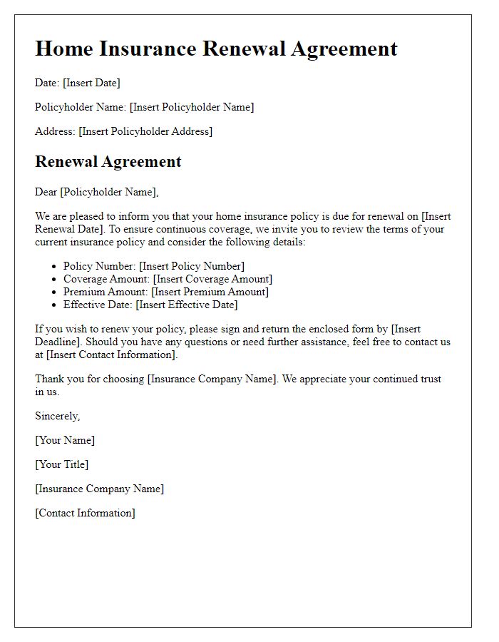 Letter template of home insurance renewal agreement