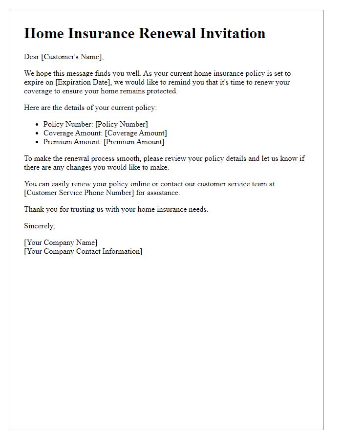 Letter template of home insurance renewal invitation