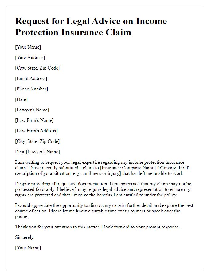 Letter template of income protection insurance claim legal advice request.