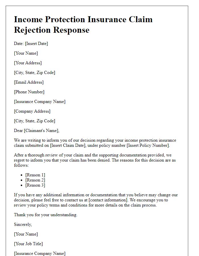 Letter template of income protection insurance claim rejection response.