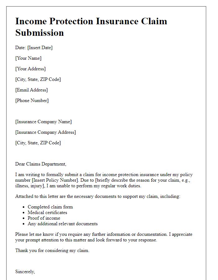 Letter template of income protection insurance claim submission.