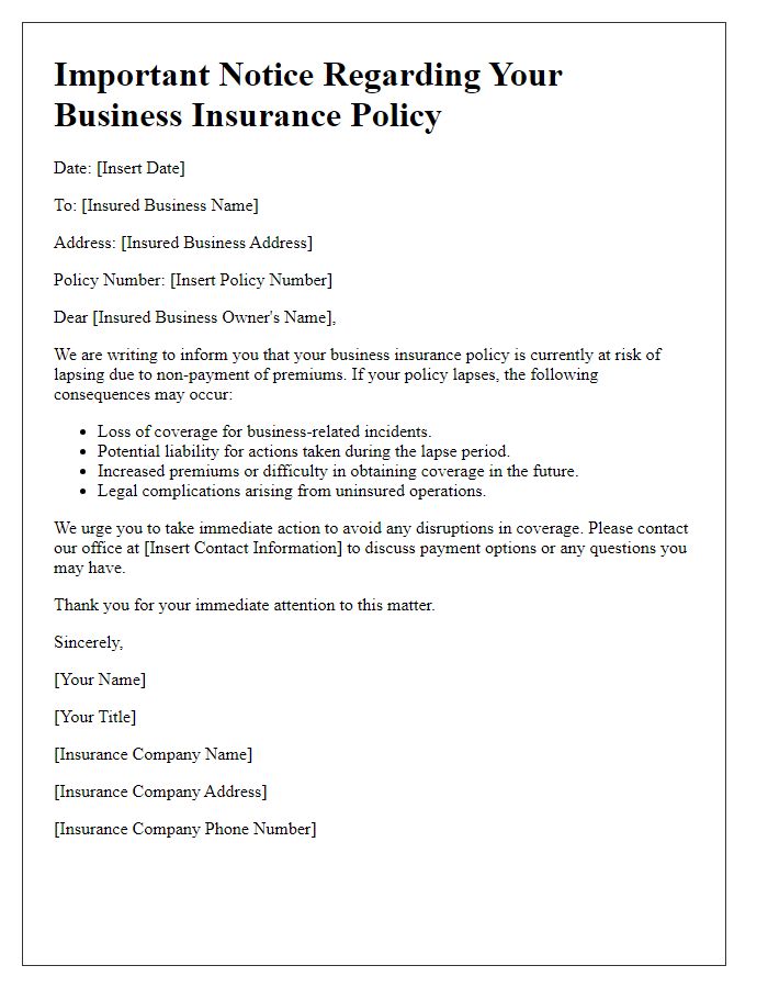 Letter template of insurance lapse consequences for business insurance