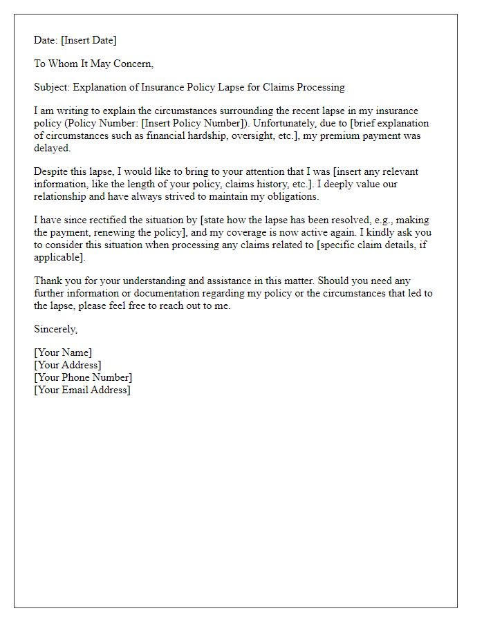 Letter template of insurance lapse explanation for claims