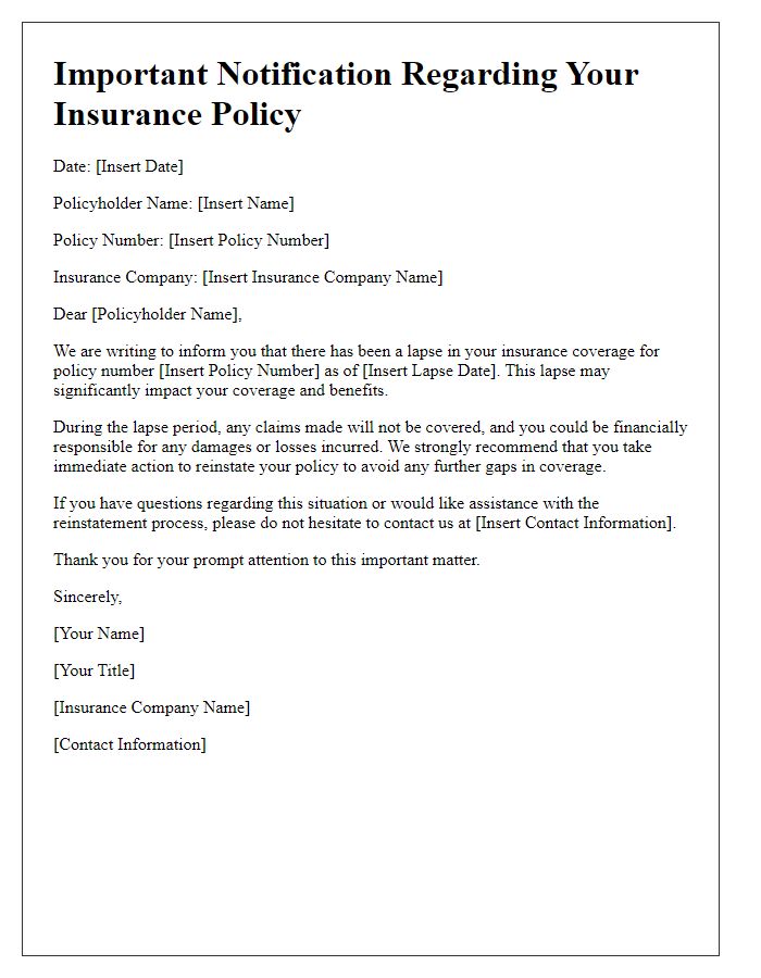 Letter template of insurance lapse impact on coverage