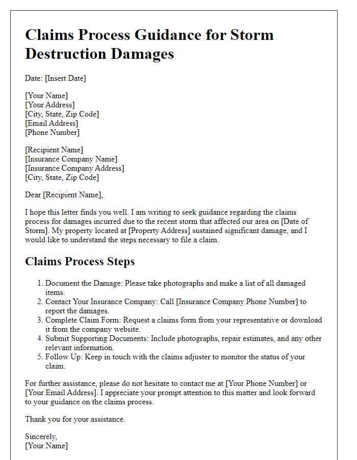 Letter template of claims process guidance for storm destruction damages