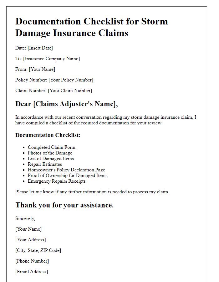 Letter template of documentation checklist for storm damage insurance claims