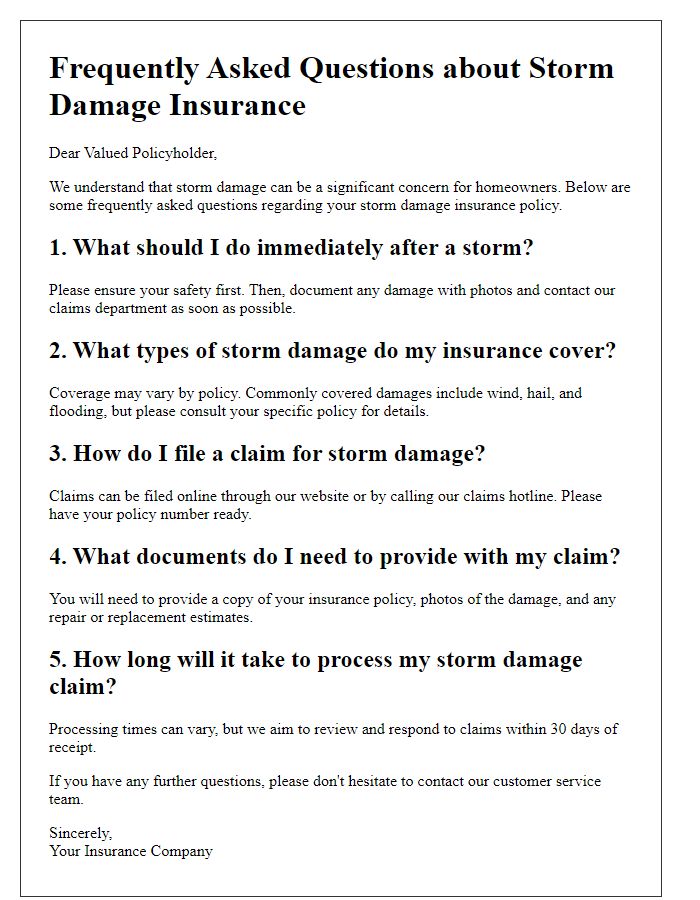 Letter template of frequently asked questions about storm damage insurance