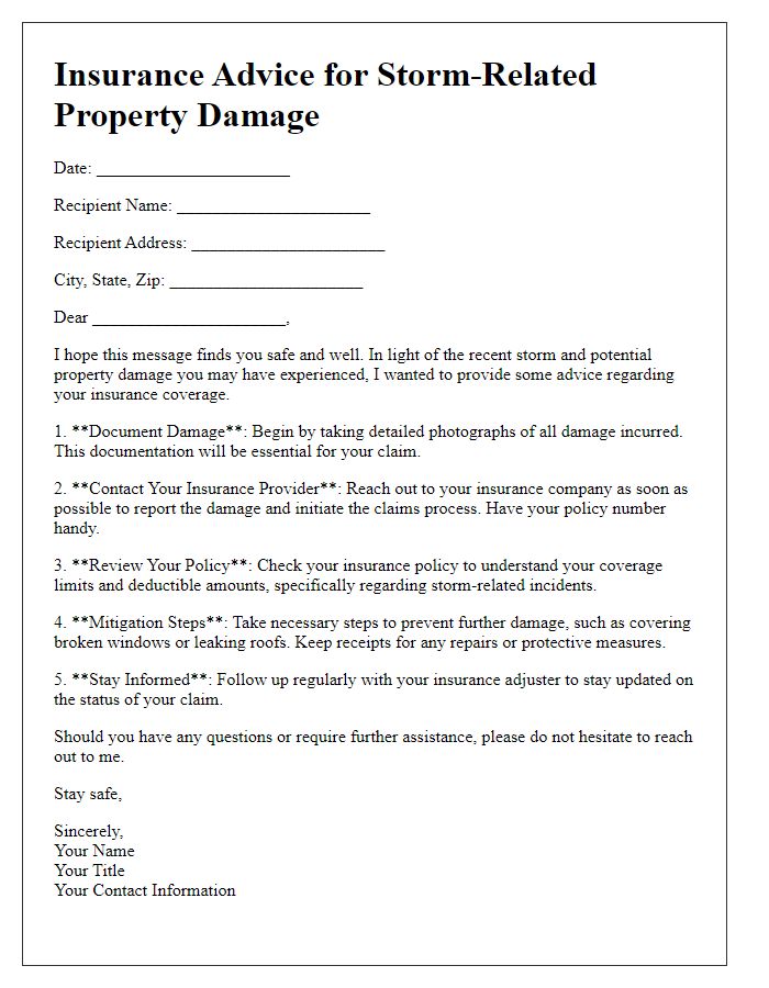 Letter template of insurance advice for storm-related property damage