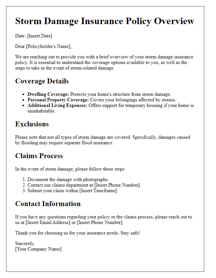 Letter template of policy overview for storm damage insurance