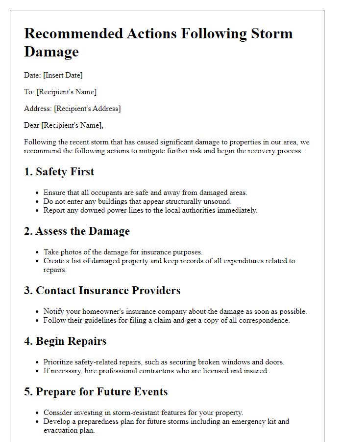 Letter template of recommended actions following storm damage