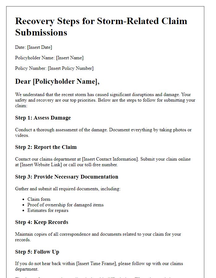 Letter template of recovery steps for storm-related claim submissions