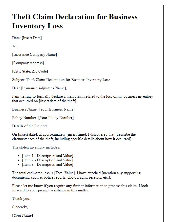 Letter template of theft claim declaration for business inventory loss.