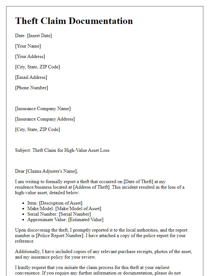 Letter template of theft claim documentation for high-value asset loss.