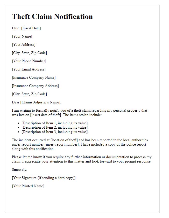 Letter template of theft claim notification for personal property loss.