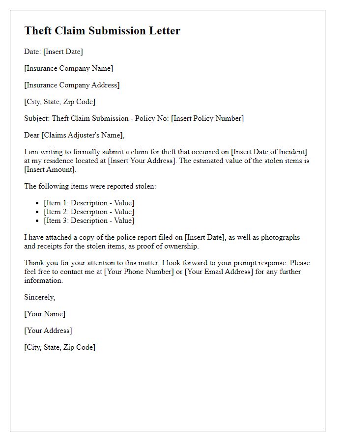 Letter template of theft claim submission for insurance purposes.