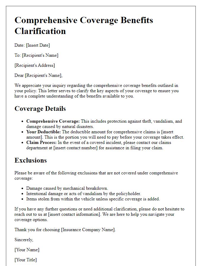 Letter template of comprehensive coverage benefits clarification