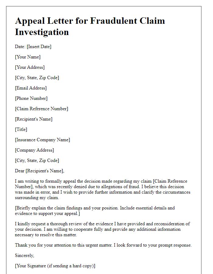 Letter template of appeal in fraudulent claim investigation