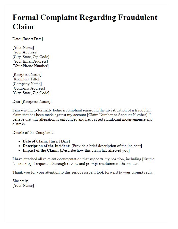 Letter template of formal complaint for fraudulent claim investigation